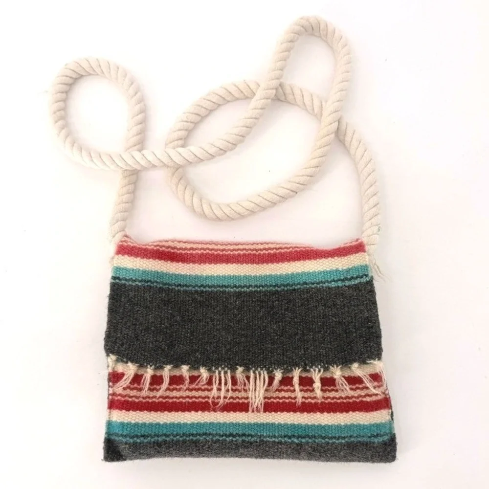 Handmade Wool Handwoven Crossbody Bag Turquoise Red Rope Strap Boho Southwestern